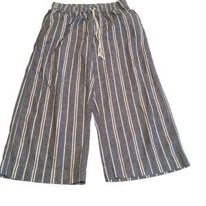Beachlunchlounge Elastic Waist Capri Linen Striped Pants, Size Small